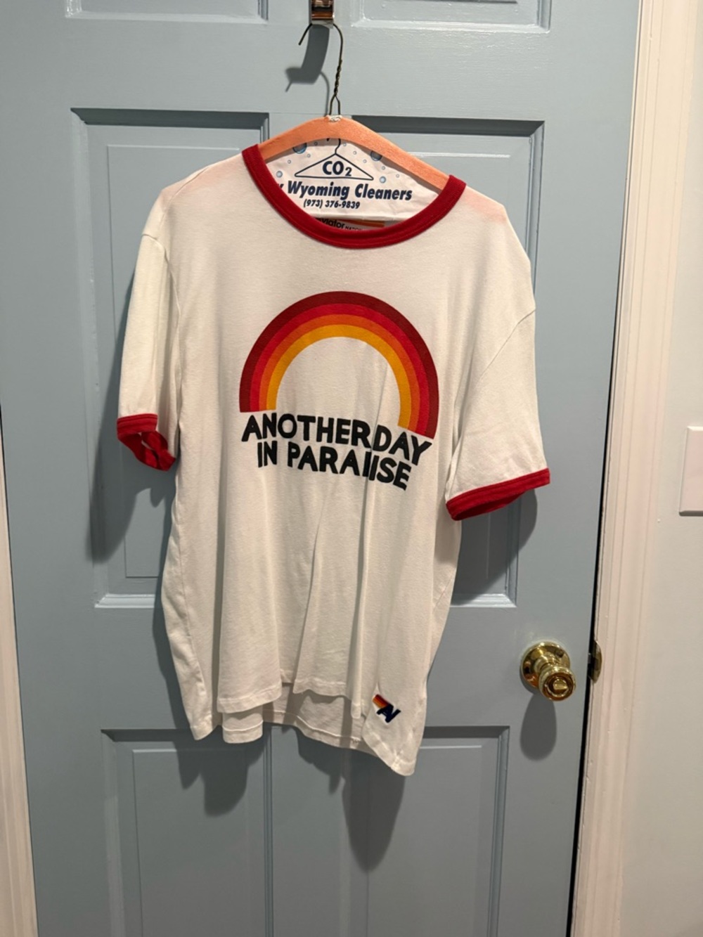 Aviator Nation White Tee with Red Trim and Rainbow Graphic